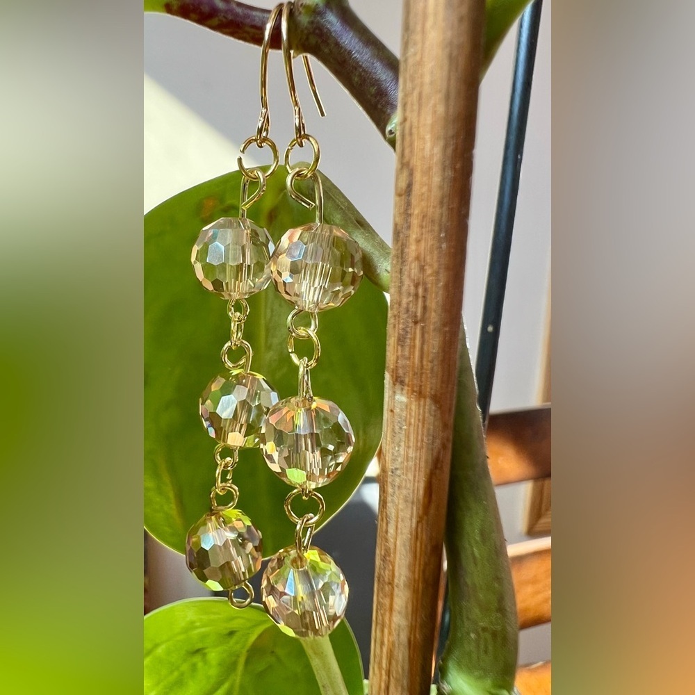 Handcrafted Champagne and Gold Crystal Drop Earrings w/ Gold Hoop Back